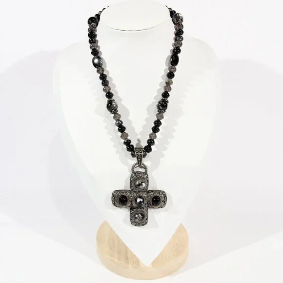 Silver Tone Cross and Black Beaded Necklace - Picture 4 of 6